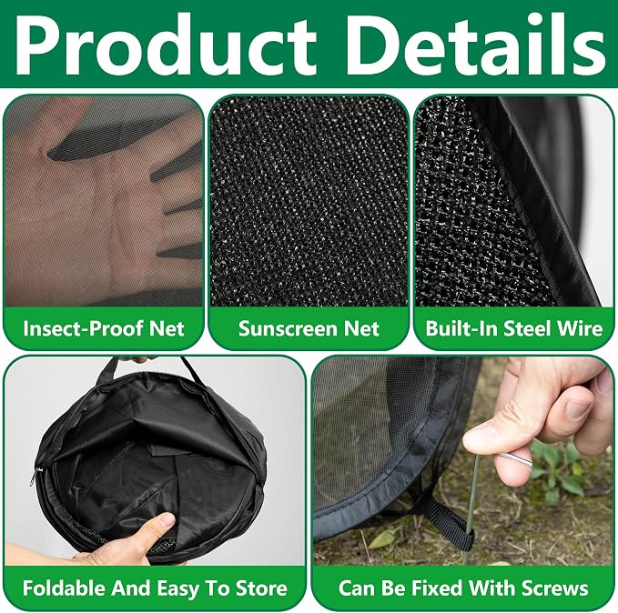 2 Pcs Pop Up Garden Netting Bug and Shade Covers, 30" x 28" x 28" Plant Sun Shade Top Bird Netting Tents, Insect Barrier Sun Protection Plant Cover Tent for Outdoor Plants Vegetables Fruits (Black)