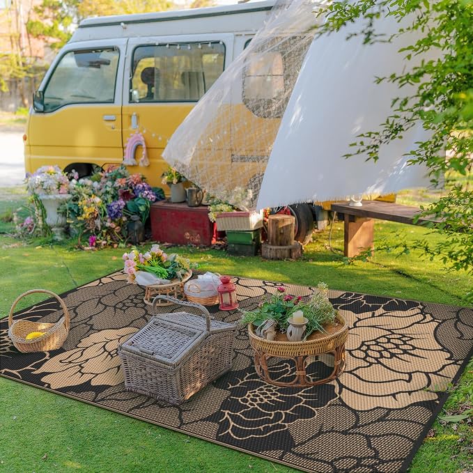 GENIMO Outdoor Rug Waterproof for Patio Decor, 5' x 8' Reversible Plastic Straw Floral Camping Carpet, Large Area Rugs Mats for RV, Camper, Deck, Balcony, Porch, Beach, Picnic, Mix-Black & Brown