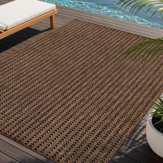 Washable Outdoor Rug 8x10 Modern Area Rugs Outdoor Carpets Striped Pattern Non Shedding Waterproof Easy Clean Patio Deck Porch Living Room Bedroom Garden RV (8 X 10 Gold)