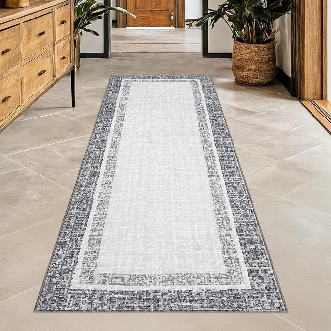 GAOMON Area Rugs 2x6 Modern Runner Rug Washable Bordered Entryway Runners Soft Faux Wool Carpet Contemporary Neutral Non-Slip Long Rug Runner Indoor Accent Hallway Kitchen Runners for Bedroom Grey