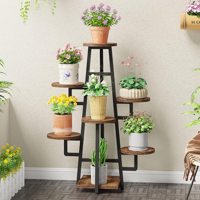 LITTLE TREE 7 Tier Plant Stand Indoor Tall Plant Shelf Corner Plant Pots Holder Rack Flower Stand for Living Room Balcony Garden, Rustic Brown
