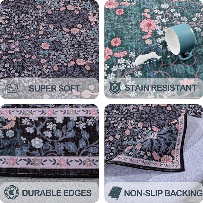 Area Rug for Living Room, 10x12 Large Washable Rugs for Dining Room, Bedroom, Non Slip Stain Resistant Carpet, Low Pile Vintage Floral Rug (Black)