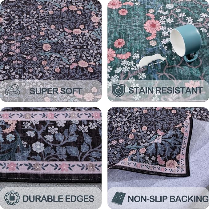 Extra Large 10x14 Area Rug for Living Room, Washable Rugs for Dining Room, Bedroom, Non Slip Stain Resistant Carpet, Low Pile Vintage Floral Rug (Black)
