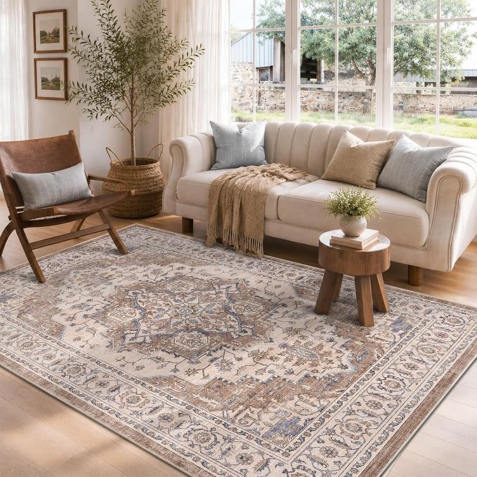 6x9 Area Rug for Living Room Soft Washable Vintage Area Rug | Non-Slip, Retro Print, Low Pile, Stain Resistant, Soft Washable Brown Carpet, for Bedroom, Dining Room, Nursery, Home Office