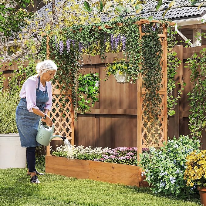 Giantex Set of 2 Raised Garden Bed with Trellis & Hanging Roof, Wood Planter Box with Bottom and Drainage Holes, Freestanding Garden Planter for Flower Vegetable Fruit Herb Climbing Vines, 77"x17"x70"