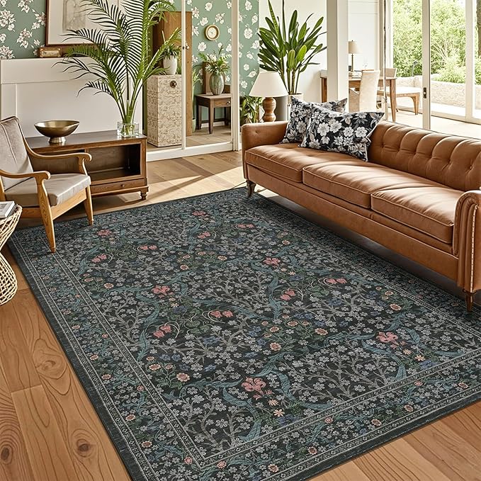 GarveeHome Floral Area Rugs 5x7, Washable Rug for Living Room, Bedroom, Low Pile Non Slip Stain Resistance Indoor Boho Carpet Mat for Farmhouse, Dining Room, Office,Dark Black