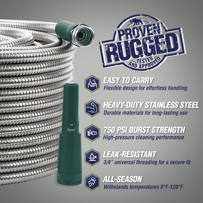 RUGGED RHINO Metal Garden Hose with Spray Nozzle, 75FT, 304 Stainless Steel, 750 PSI Burst Strength, Heavy Duty Flexible Water Hose, Kink Resistant, Leakproof for Yard, Lawn and Outdoor Use, Green
