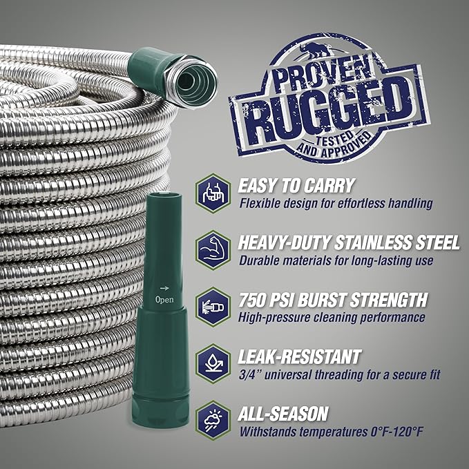 RUGGED RHINO Metal Garden Hose with Spray Nozzle, 100FT, 304 Stainless Steel, 750 PSI Burst Strength, Heavy Duty Flexible Water Hose, Kink Resistant, Leakproof for Yard, Lawn and Outdoor Use, Green