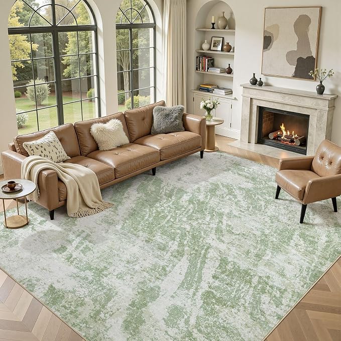 DMOYEST 10x14 Area Rug for Living Room Washable Abstract Indoor Carpet | Neutral Modern Low Pile Rugs Kid & Pet Friendly Large Soft Thin Carpet for Bedroom Dining Room and Office - Light Green