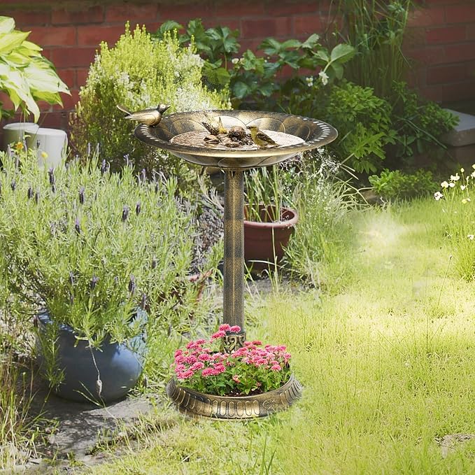 Outsunny 28" Antique Bird Bath with Pedestal Flower Planter Base, Vintage Style Decorative Birdbath & Bird Feeder Bowl, Decoration Yard Statue, Bronze