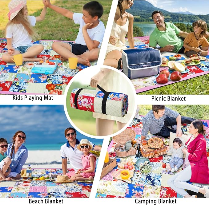 Picnic Blankets Beach Blanket 80" X 80" Extra Large Waterproof Camping Blankets Portable Outdoor Mat 3-Layer Blanket for Beach, Hiking, Park, Music Festival, Grass Lawn,Travel