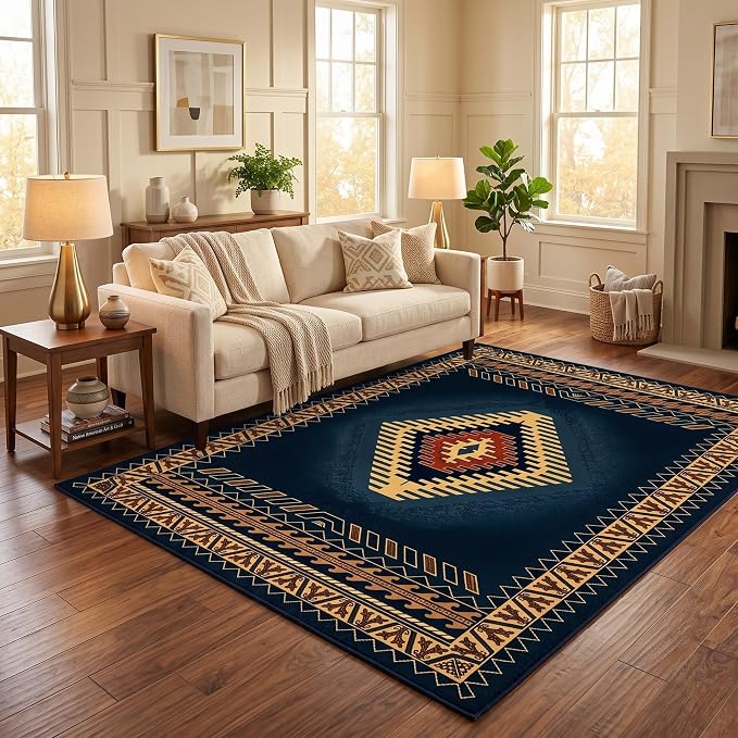 Southwestern Area Rug 5x7 ft, Geometric Medallion Design | Washable, Non-Slip, Low Pile, Living Room, Bedroom, Dining Room, Cabin Lodge and Farmhouse Decor