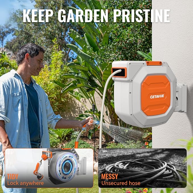 Retractable Garden Hose Reel 5/8 inch x 100 ft,Wall Mounted Heavy Duty Garden Hose Reel with 180°Swivel Bracket,Upgraded 10 Pattern Nozzle/Slow Return System(White)