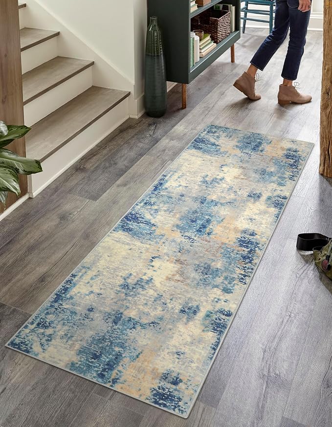 Lahome Modern Abstract Blue Bathroom Rug, 2x6 Washable Long Hallway Rug Soft Non Slip Blue Floor Accent Carpet Runner for Entryway Kitchen Laundry Room Doorway Bedroom