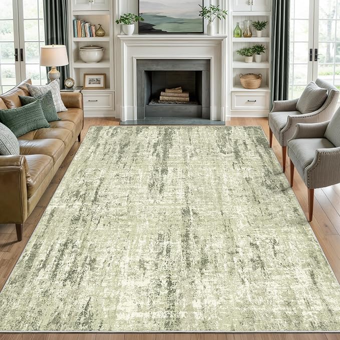 Valenrug 4x6 Area Rug for Entryway, Non Slip Washable Bedroom Rug, Green | Soft & Lighweight, Folable, Stain Resistant Low Pile Thin Indoor Distressed Carpet Rugs for Living Room,Laundry Room,Kitchen