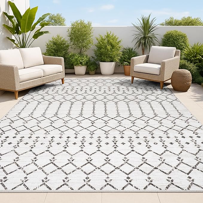 JONATHAN Y Moroccan Geometric Indoor Outdoor Area Rug 10X14 Cream/Black, Ourika Textured Weave for Backyard, Patio, Porch, Easy-Cleaning, High Traffic, Pet-Friendly, Non-Shedding (SMB108I-14)