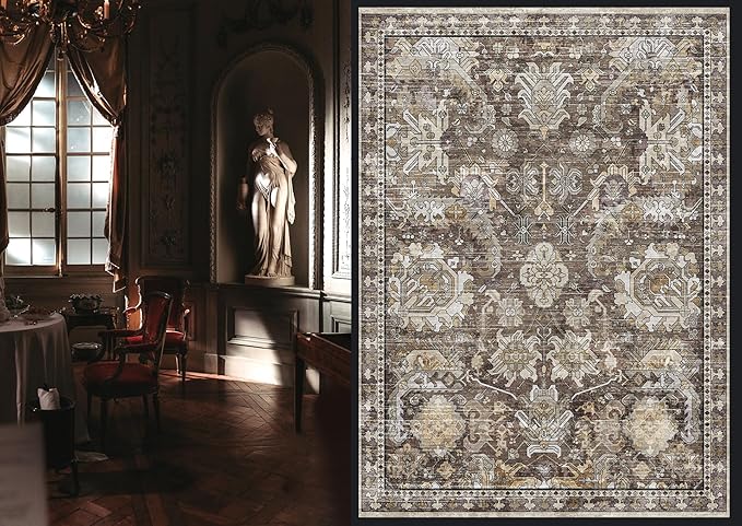 Washable Area Rugs - Perfect for Living Room, Bedroom, Kids Room, Nursery - Stain & Water Resistant Non-Slip, Pet & Child Friendly, Vintage Tribal Area Rugs (Ivory, 6' x 9')