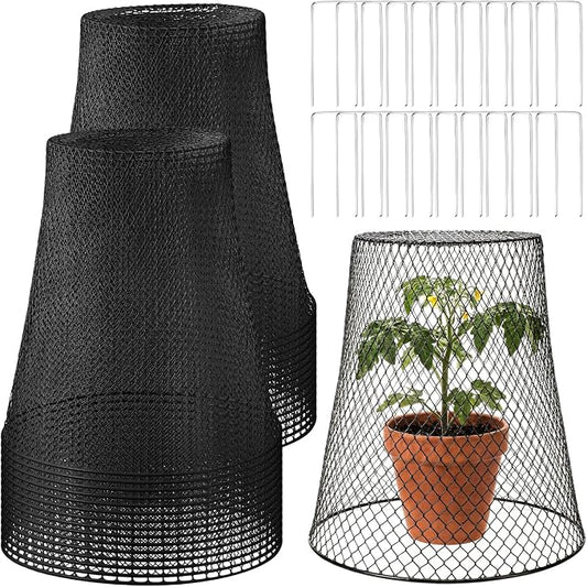 Therwen 30 Pcs Large Plant Wire Cloche 11 x 12 Inch Metal Garden Cloche with Garden Stakes Plant Protector from Animals for Keeping Bunnies Chicken Squirrels Birds (Black)