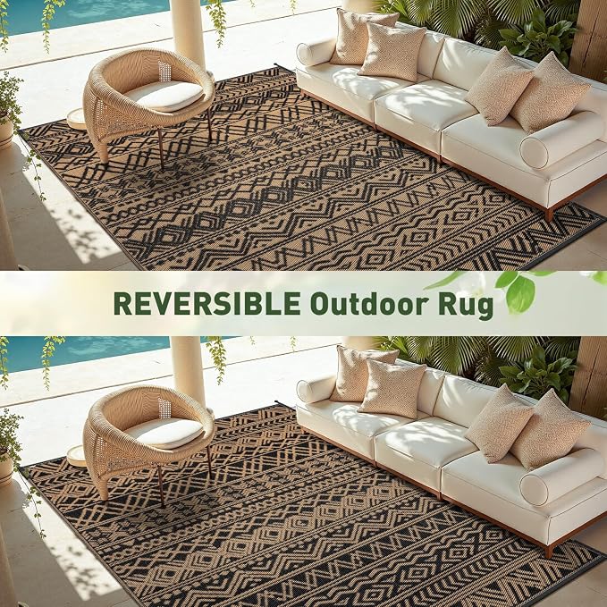 MontVoo Outdoor Rug 8x10 Waterproof Outdoor Patio Rug Mat Reverisble Plastic Straw Outdoor Rug for RV Camping Picnic Beach Balcony Boho Black Brown