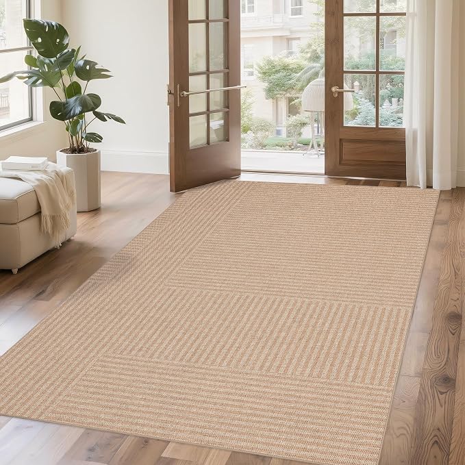 Easy Jute Rug 5x7 Outdoor: Natural Area Rugs for Patio Linen-Look Fabric Durable - Washable Carpet for Living Room Bedroom - Beige Stripes