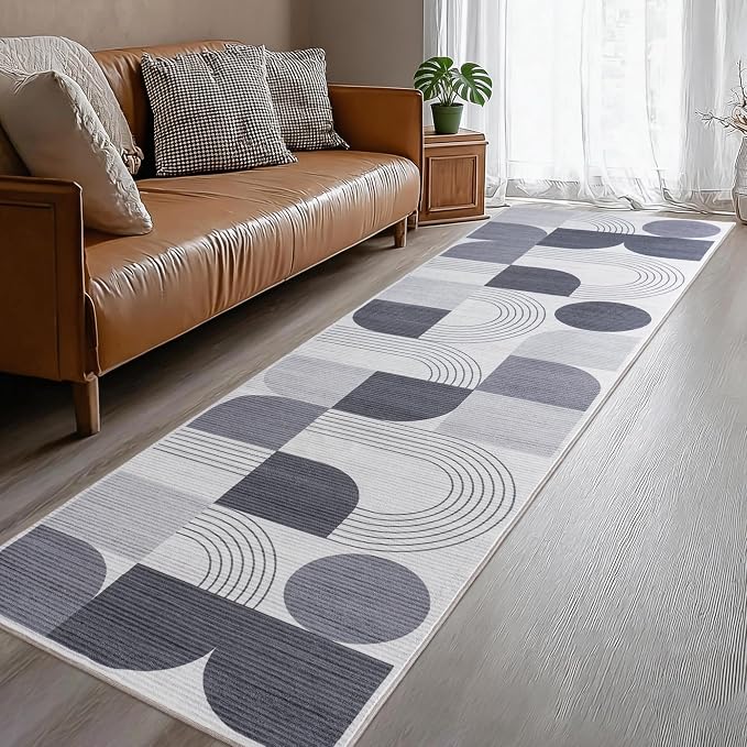 Soft Modern Geometric Abstract Machine Washable 2x6 Runner Rug | Grey Rugs for Bedroom Living Room, Non-Shedding Faux Wool Indoor Throw Floor Carpet for Office Entryway Dining Room Decor