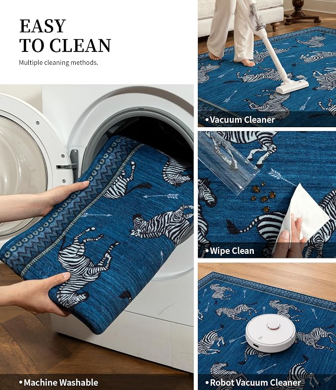 YIHOUSE Blue Zebra Area Rugs 6×9, Washable Animal Print Rug with Southwestern Border, Non-Slip Low Pile Mid-Century Modern Carpet for Living Room, Bedroom, Dining Room