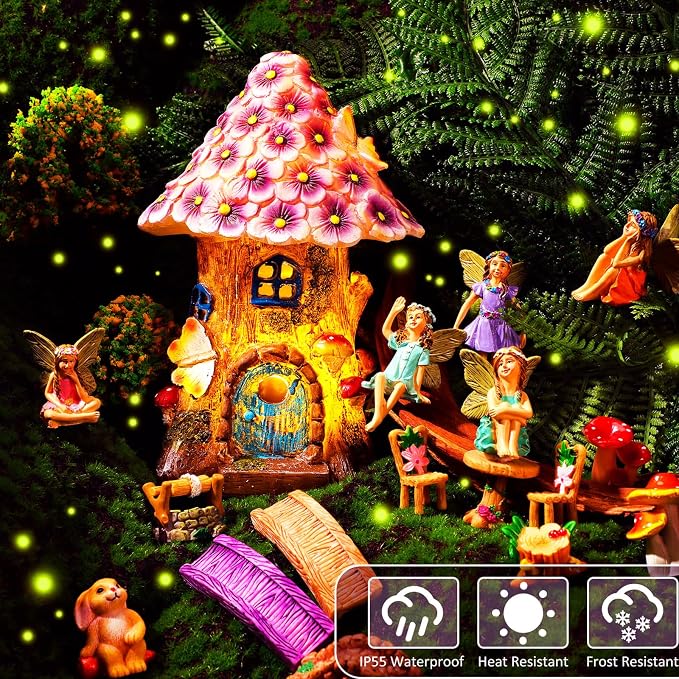 Poen 8'' Solar Light up Fairy House Garden 6-8 Fairy Figures Garden Accessories Kit Animals Doll House Decor Outdoor Micro Landscape Ornaments(Purple)