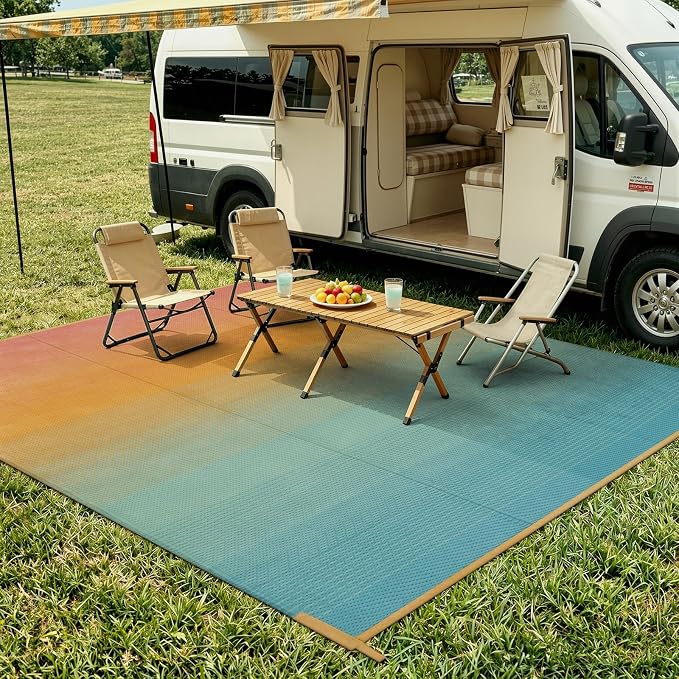 Lahome Camping Rugs for Outside Your Rv 5x8 Indoor Outdoor Carpet Waterproof Plastic Straw Rug, Reversible Camping Mats Large Porch Rug for Patio,Backyard, Balcony,Deck,Blue-Orange 5x8