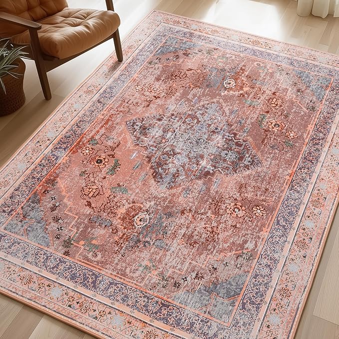 Phantoscope Washable Area Rug 6'x9' Non-Slip, Vintage Neutral Fall Rugs for Living Room, Bedroom, Dining Room, Distressed Boho Medallion Pattern, Low-Pile Foldable Floor Carpet, Rust Orange