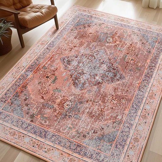 Phantoscope Washable Area Rug 5'x7' Non-Slip, Vintage Neutral Fall Rugs for Living Room, Bedroom, Dining Room, Distressed Boho Medallion Pattern, Low-Pile Foldable Floor Carpet, Rust Orange