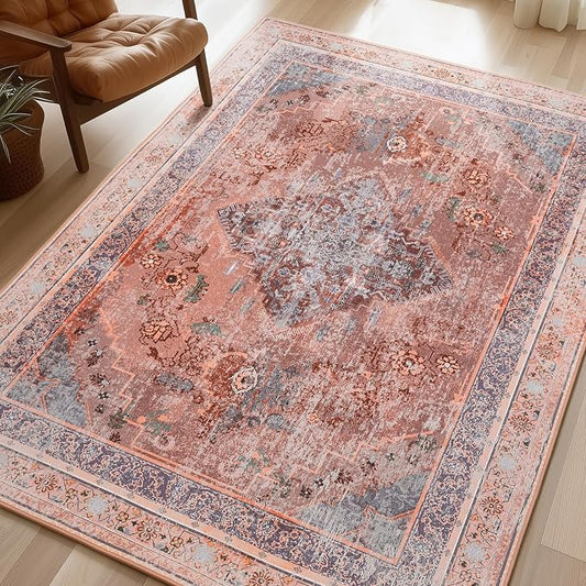 Phantoscope Washable Area Rug 8'x10' Non-Slip, Vintage Neutral Fall Rugs for Living Room, Bedroom, Dining Room, Distressed Boho Medallion Pattern, Low-Pile Foldable Floor Carpet, Rust Orange