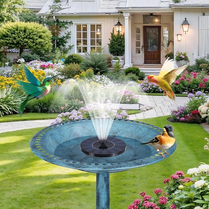 VECELO 28" Pedestal Outdoor Bird Bath with Solar Powered Fountain for Outside, Vintage Bronze Polyresin Lightweight Antique, Yard/Garden Decoration, Blue