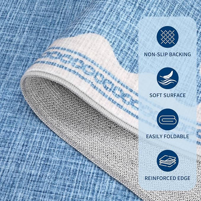 GarveeHome Scalloped Blue 6ft Round Rug Washable Non-Slip Soft Ultra-Thin Small Modern Cottage Core Solid Tan Circle Carpet for Kitchen Bedroom Nursery Dining Room
