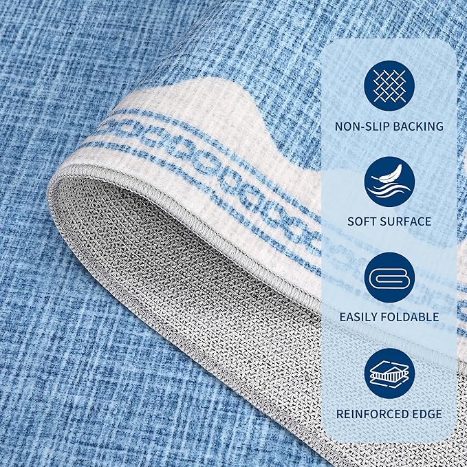 GarveeHome Scalloped Washable Rugs 9x12 Rug for Living Room Non-Slip Solid Blue Modern Minimalism Low-Pile Carpet 9 x 12 Rug for Bedroom Dining Nursery Mat with Rubber Back