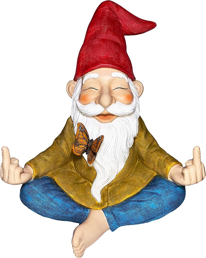 Mood Lab Zen Garden Gnome - Relaxed Yoga Gnome with Middle Finger - 9.25 Inch Tall Outdoor or Indoor Decor