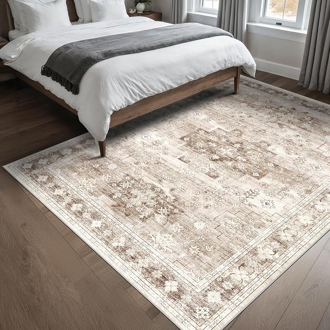 Washable Neutral Farmhouse Living Room Rug, 5x8 Area Rugs for Bedroom Under Bed, Nursery Room, Boho Vintage Floral Non-Slip Rug Low Pile Stain Resistant (5x8 Beige/Latte)
