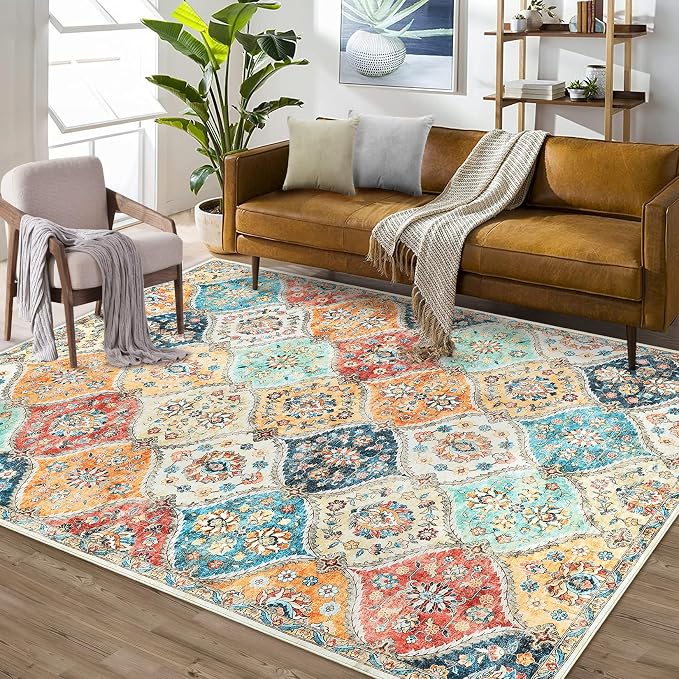 ROYHOME 8x10 Area Rug Moroccan Trellis Machine Washable Rug, Cream | Vintage Medallion Distressed Indoor Accent Rug Stain Resistant Non-Slip Floor Cover Carpet for Living Room Bedroom