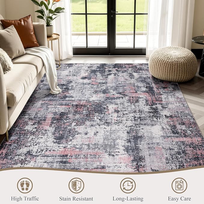 Sasttie 6x9 Washable Area Rug, Modern Abstract Carpet, Black & Pink | Ultra-Soft Faux Wool, Low Pile, Non-Slip, Lightweight, Thin, for Living Room, Bedroom, Dinning Room & Dorm