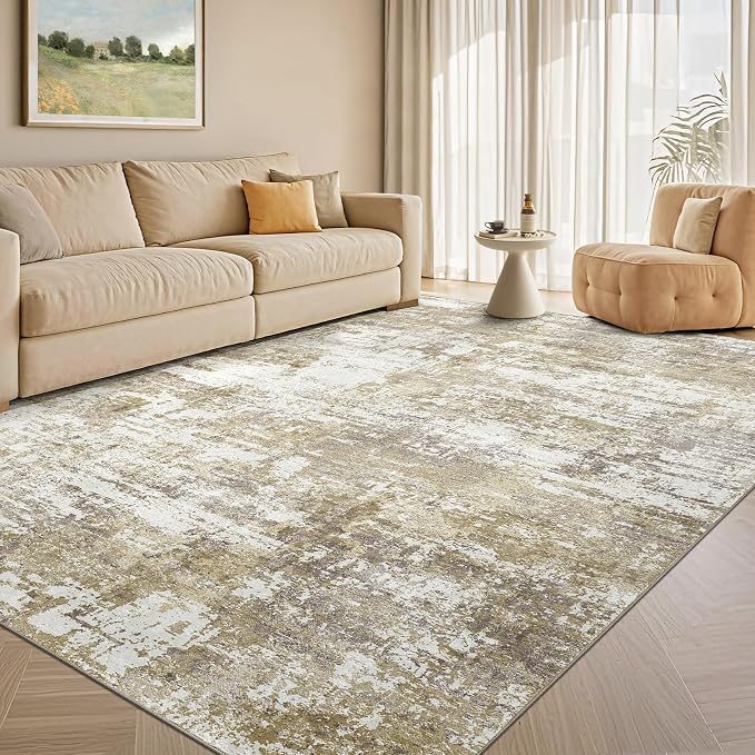 Tortania Area Rug Living Room Rugs - 5x7 Modern Abstract Neutral Large Soft Thin Rugs - Non Slip Indoor Carpet for Bedroom Dining Room Office Nursery Home Floor Decoration - Golden Brown
