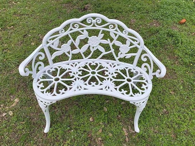 Patio Balcony Bench Double Seat, Anti-Rust Cast Aluminum Patio Garden Bench for Park Yard Outdoor Furniture White.1