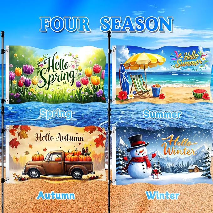 4Pcs Large Garden Flag 3x5 Ft Outdoor Double Sided Four Seasons Yard Flags with 2 Grommets Hello Spring Summer Autumn Winter Holiday Flag Banner for Outdoor Indoor Decor Backdrop