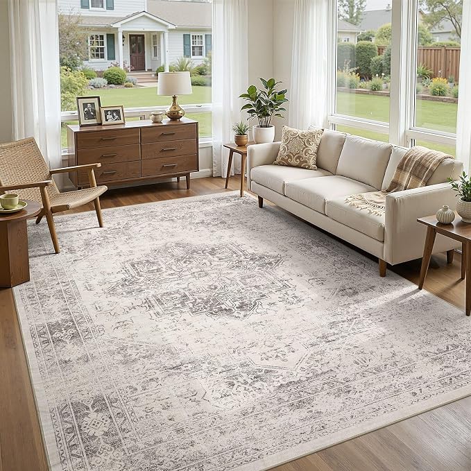 UERMEI 10x14 Area Rug Living Room Rugs - Washable Vintage Soft Large Rug Indoor Floor No Slip Rug Carpet for Bedroom Farmhouse Under Dining Table Home Office Decor - Beige/Camel