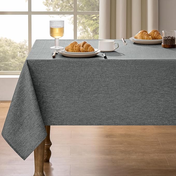 Decorelia Faux Linen Farmhouse Table Cloth 60"x84" for 4-6 ft Rectangle Table, Dark Grey Waterproof Outdoor Washable Cloth Tablecloth for Rectangular Dining Room Kitchen Outdoor Party Restaurant Decor