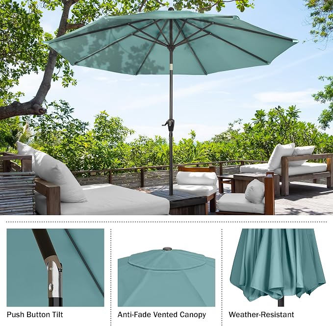 Pure Garden Patio Umbrella with Auto Tilt - 10ft Easy Crank Outdoor Umbrella with Vented Canopy for Deck, Balcony, Porch, Backyard, or Pool (Dusty Green)