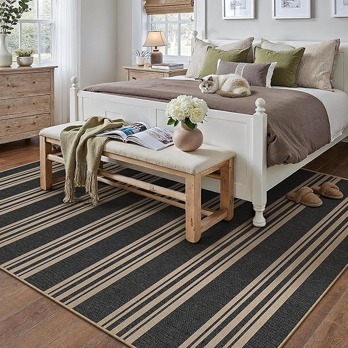 PureCozy Striped Easy Jute Rug 5x8 Black Living Room Carpet Washable Non Slip Bedroom Office Rug Farmhouse Neutral Non Shedding Indoor Outdoor Large Carpet for Kitchen Dining Room