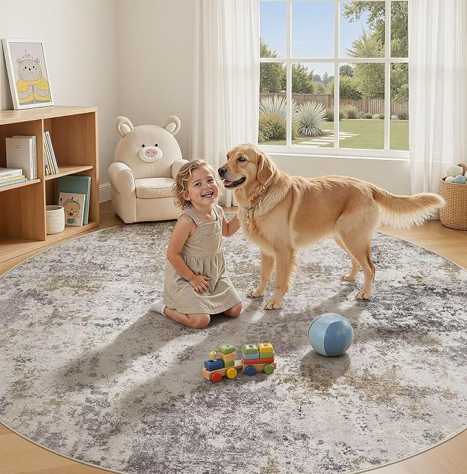 Nakagishi 8X8 Abstract Washable Area Rugs for Living Room-Brown Grey | Modern Non-Slip Silicone Backing Low Pile Soft Carpet for Bedroom Dining Decor Ideal for Families with Kids and Pets