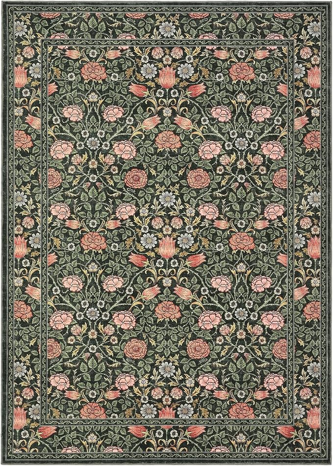 GarveeHome Dark Green Floral 8x10 Area Rugs for Living Room Bedroom | Large Washable Dinning Room Dorm Office Rug Vintage Boho Rugs Low-Pile Non-Slip Stain Resistant TPE Backing