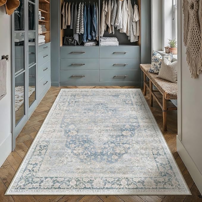 3x5 Blue Farmhouse Area Rug | Washable, Non Slip, Soft Low Pile, Neutral Vintage, for Entryway Kitchen Bathroom Living Room Bedroom Indoor Home Decor