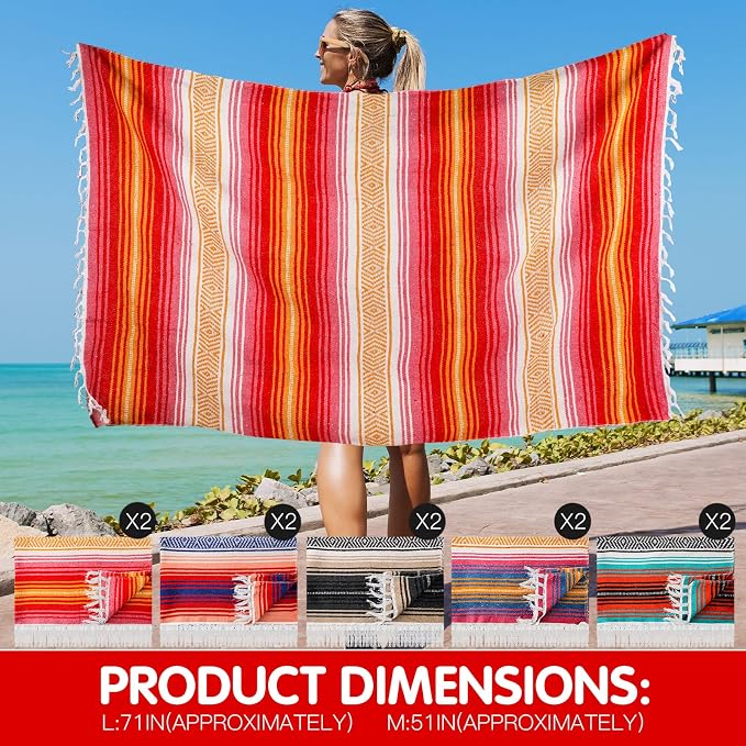 Haull 10 Pcs Large Mexican Blankets Bulk 51" x 71" Mexican Serape Blankets Yoga Authentic Throw Colorful Striped Falsa with Fringed for Outdoor Car Travel Camping Beach Picnic Patio Mat Towel