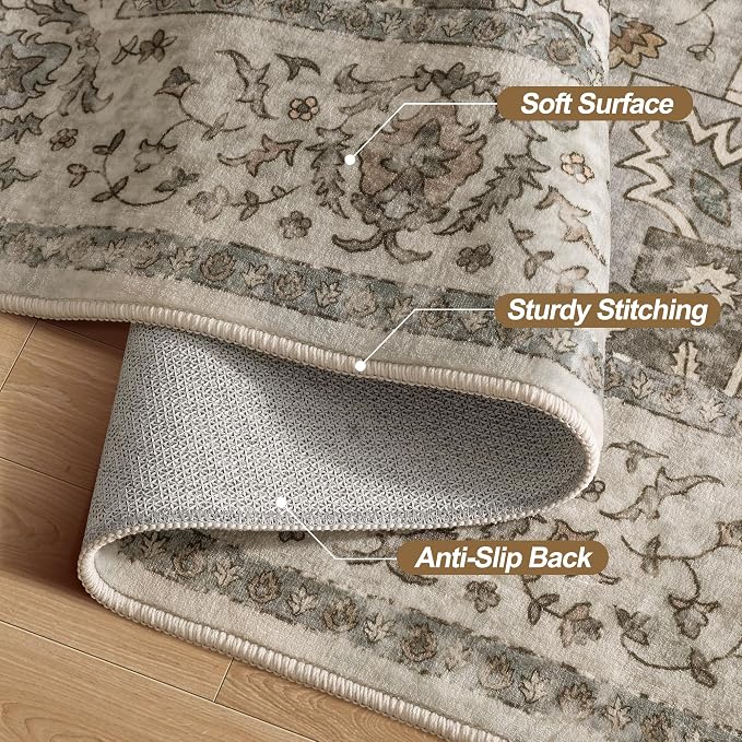 Tangsoo Vintage 2x5 Washable Runner Rugs for Hallway, Non Slip Rug Runner | Farmhouse Soft Low Pile Rug Runner, Oriental Carpet Runners for Entryway Kitchen Bedroom Bathroom Living Room Grey/Multi